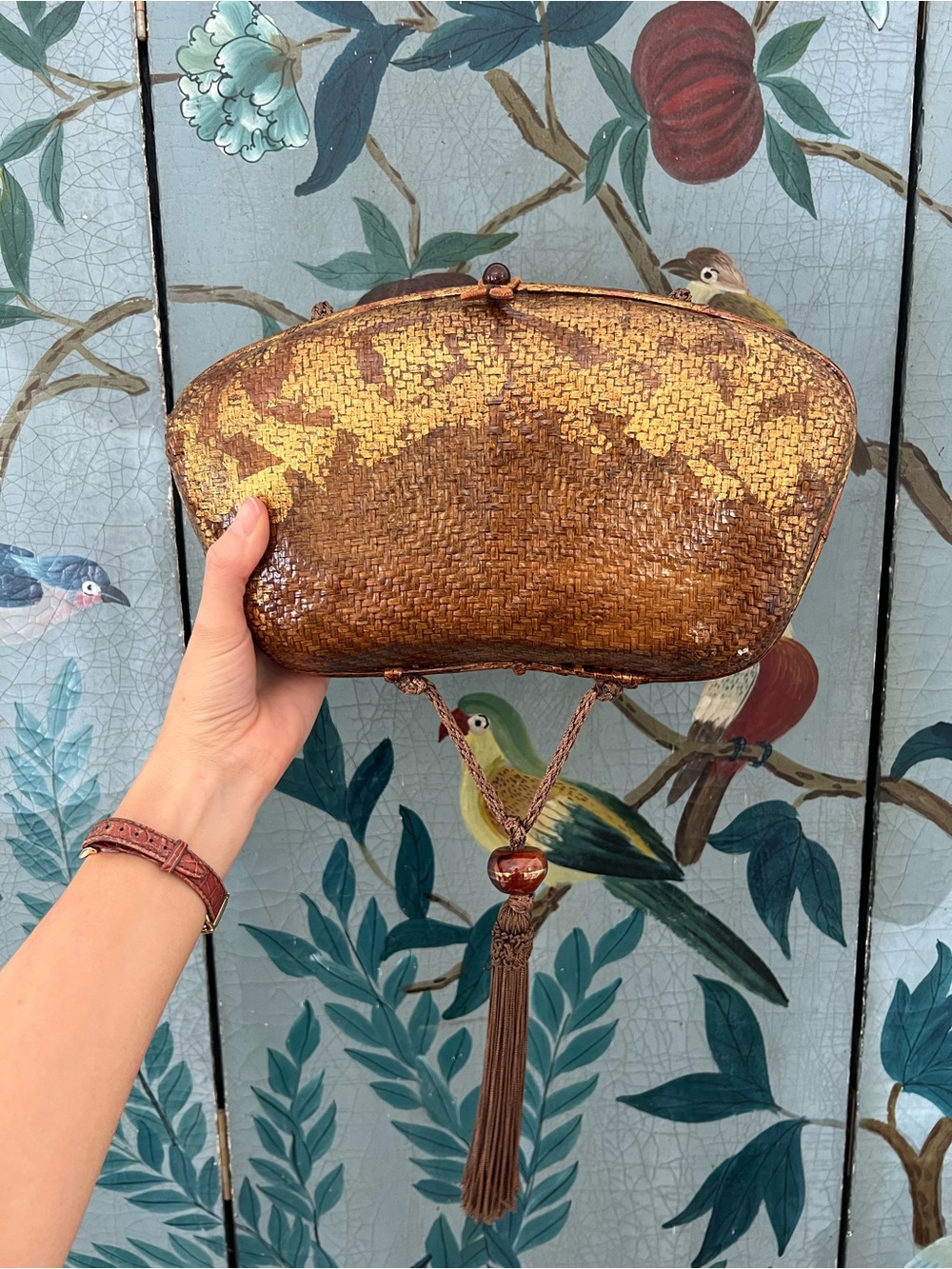 Vintage Rafael Sanchez Lacquered Rattan Basket Purse with Tassel